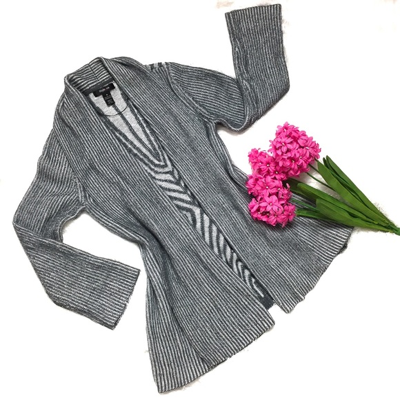 Gray & White Draped Collar Knit Open Cardigan - Picture 1 of 8